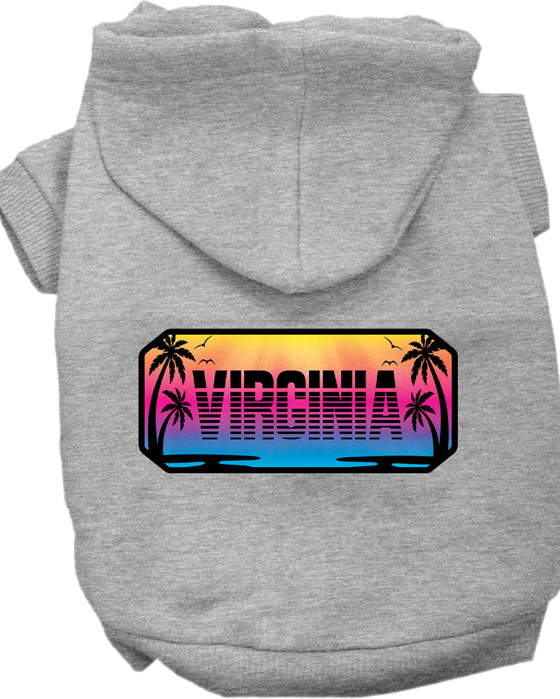 A cozy screen printed hoodie for medium to large pets, featuring a vibrant 'Virginia Beach Shades' design, perfect for stylish outings.