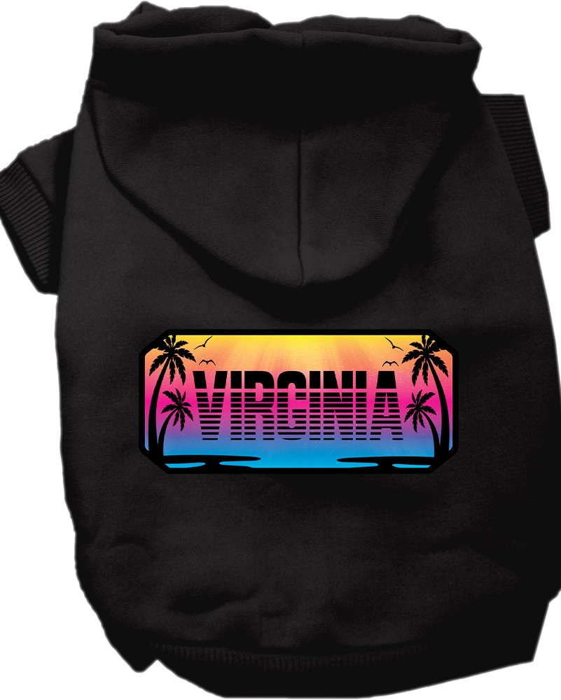 A cozy screen printed hoodie for medium to large pets, featuring a vibrant 'Virginia Beach Shades' design, perfect for stylish outings.