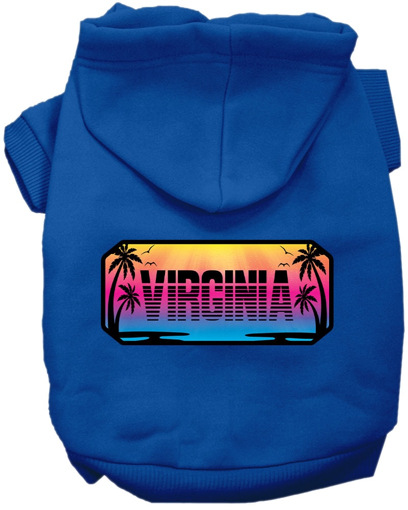 A cozy screen printed hoodie for medium to large pets, featuring a vibrant 'Virginia Beach Shades' design, perfect for stylish outings.