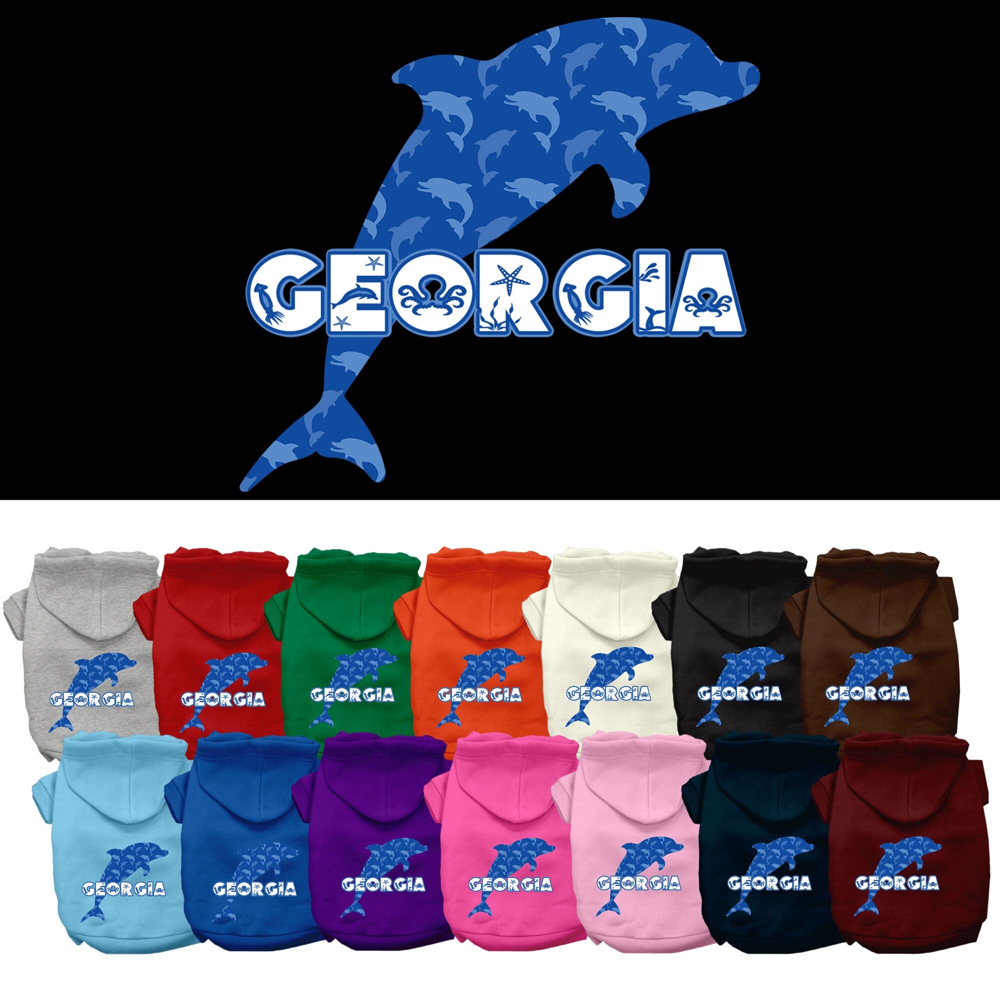 A cozy screen printed hoodie for medium to large pets featuring a Georgia Blue Dolphins design, perfect for dogs and cats.