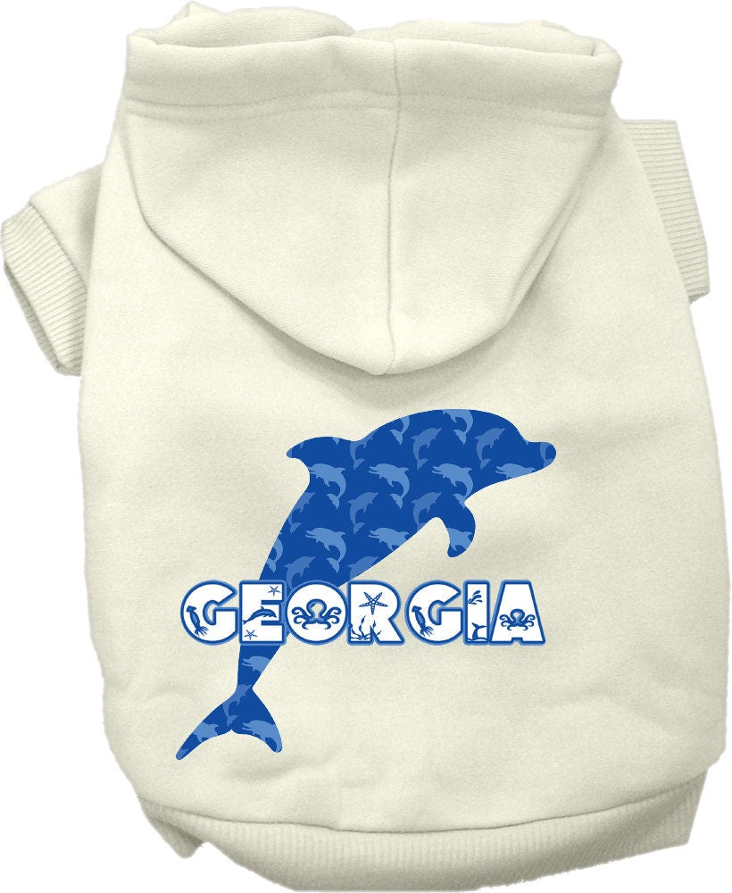 A cozy screen printed hoodie for medium to large pets featuring a Georgia Blue Dolphins design, perfect for dogs and cats.