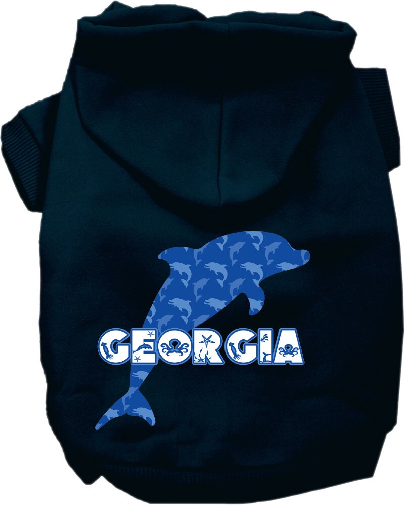 A cozy screen printed hoodie for medium to large pets featuring a Georgia Blue Dolphins design, perfect for dogs and cats.