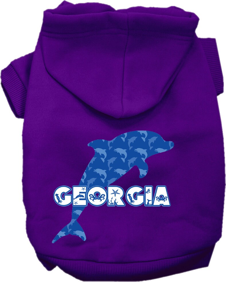 A cozy screen printed hoodie for medium to large pets featuring a Georgia Blue Dolphins design, perfect for dogs and cats.