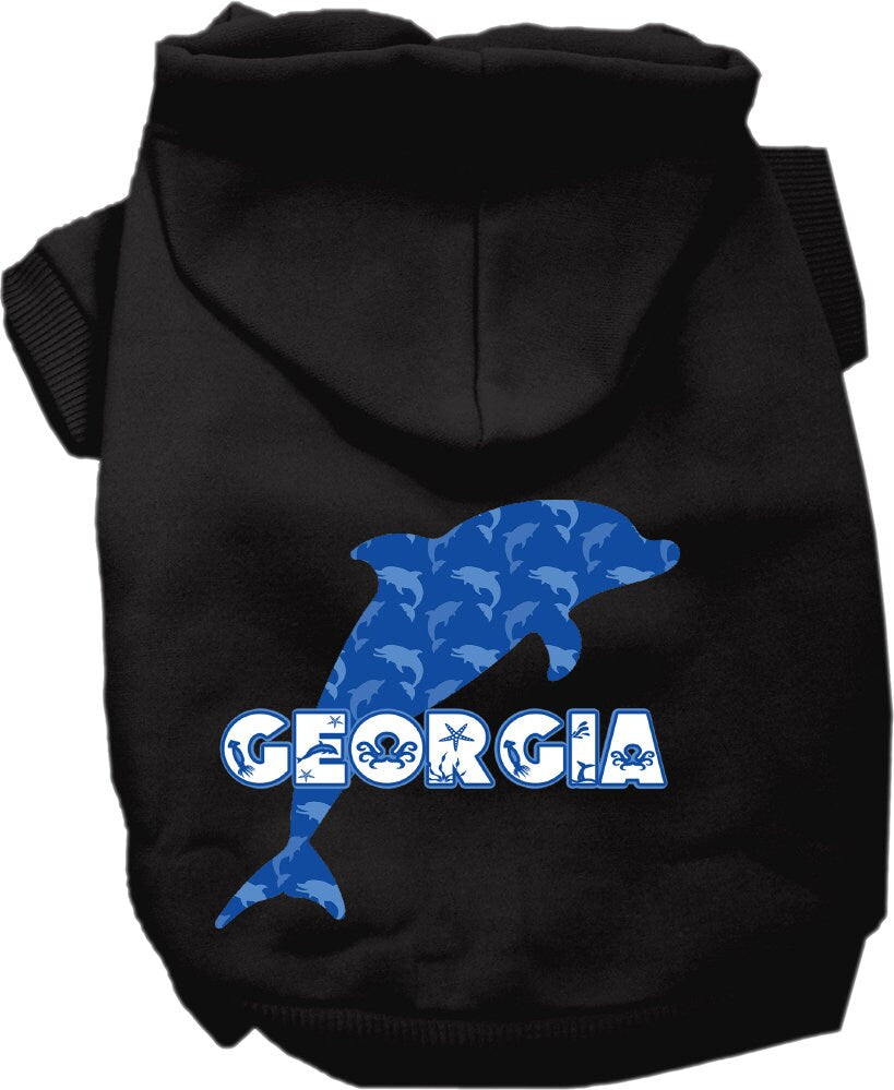 A cozy screen printed hoodie for medium to large pets featuring a Georgia Blue Dolphins design, perfect for dogs and cats.