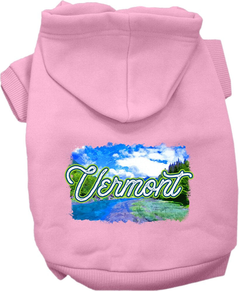 A cozy screen printed hoodie for medium to large pets, featuring a Vermont Summer design, showcasing its soft fabric and convenient leash access hole.