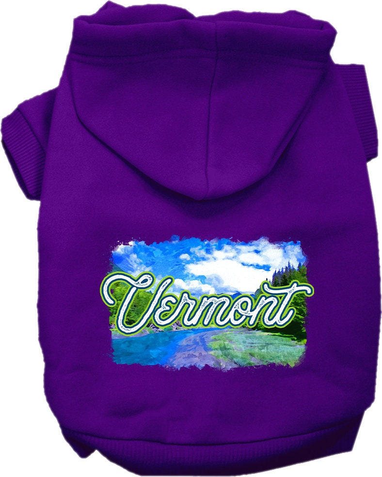 A cozy screen printed hoodie for medium to large pets, featuring a Vermont Summer design, showcasing its soft fabric and convenient leash access hole.