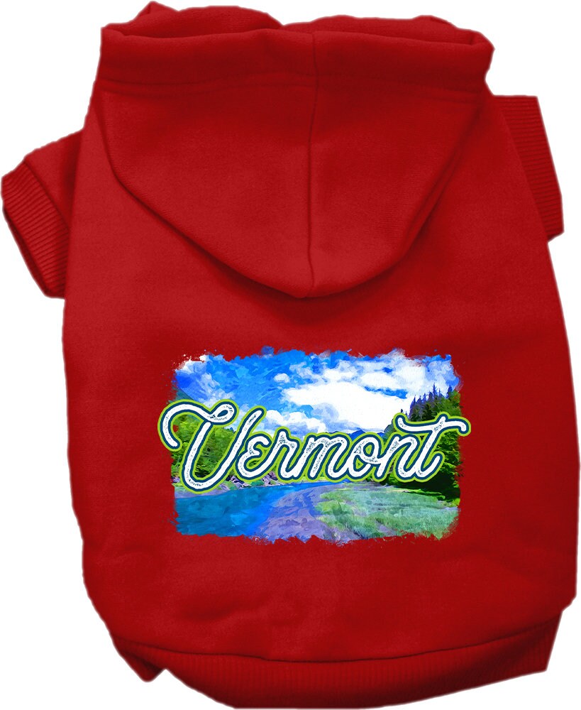 A cozy screen printed hoodie for medium to large pets, featuring a Vermont Summer design, showcasing its soft fabric and convenient leash access hole.