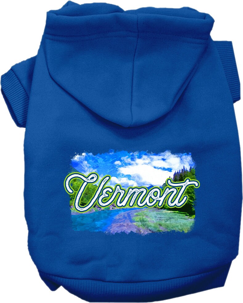 A cozy screen printed hoodie for medium to large pets, featuring a Vermont Summer design, showcasing its soft fabric and convenient leash access hole.