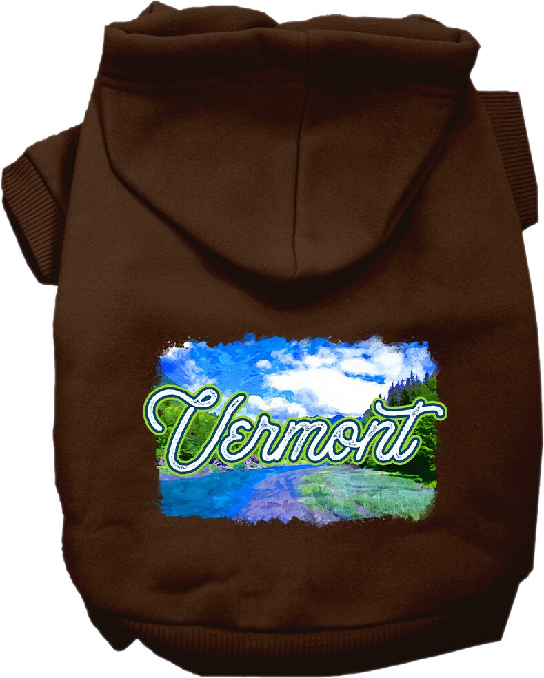 A cozy screen printed hoodie for medium to large pets, featuring a Vermont Summer design, showcasing its soft fabric and convenient leash access hole.