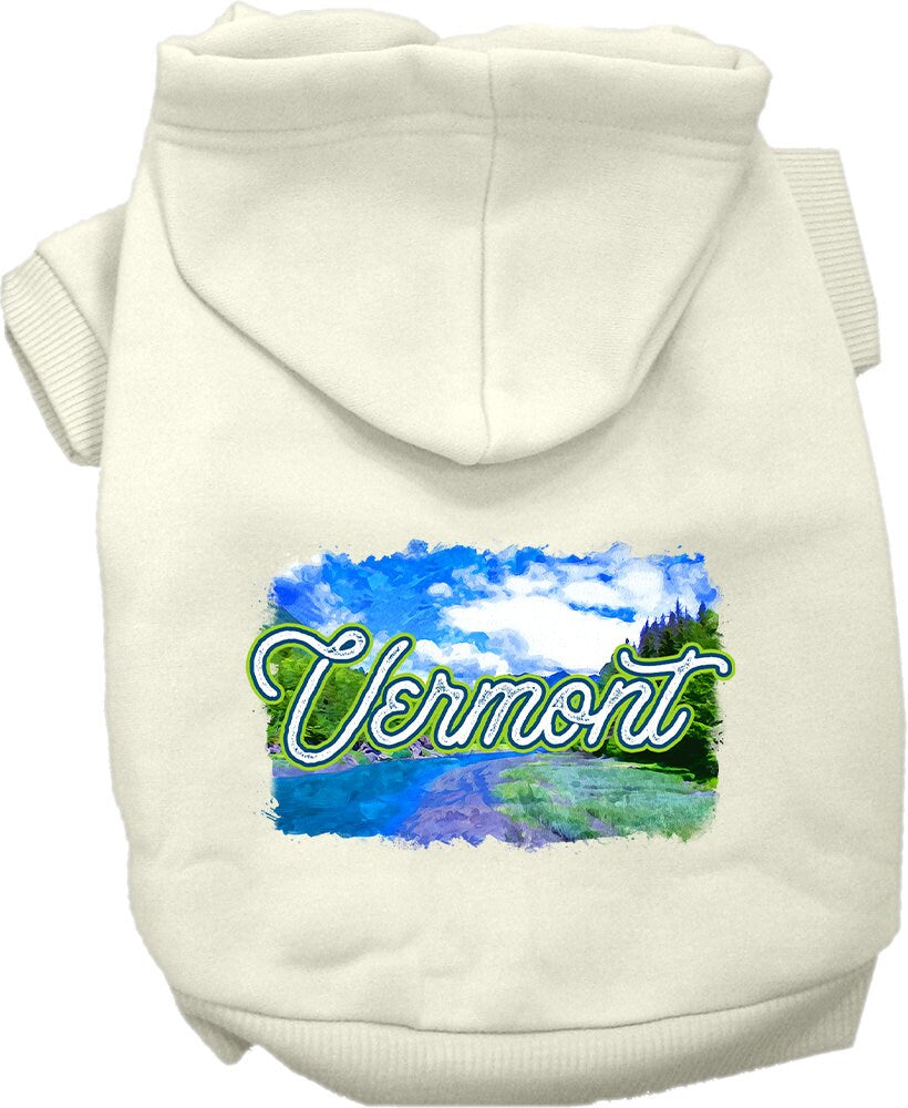 A cozy screen printed hoodie for medium to large pets, featuring a Vermont Summer design, showcasing its soft fabric and convenient leash access hole.