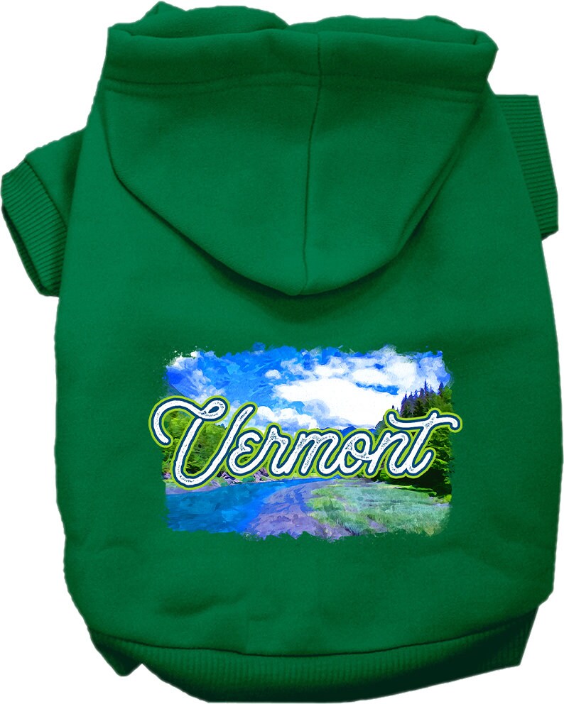 A cozy screen printed hoodie for medium to large pets, featuring a Vermont Summer design, showcasing its soft fabric and convenient leash access hole.