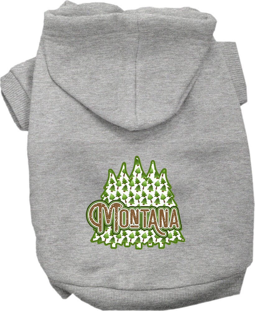 A cozy screen printed hoodie for medium to large pets featuring a Montana Woodland Trees design, perfect for dogs and cats.