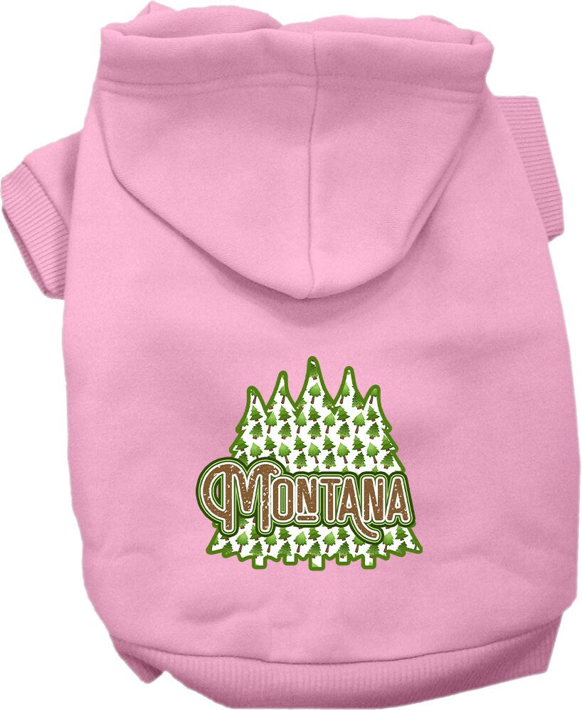 A cozy screen printed hoodie for medium to large pets featuring a Montana Woodland Trees design, perfect for dogs and cats.