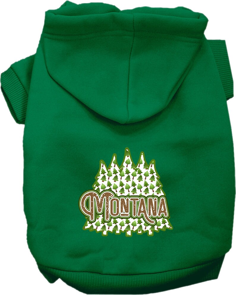 A cozy screen printed hoodie for medium to large pets featuring a Montana Woodland Trees design, perfect for dogs and cats.