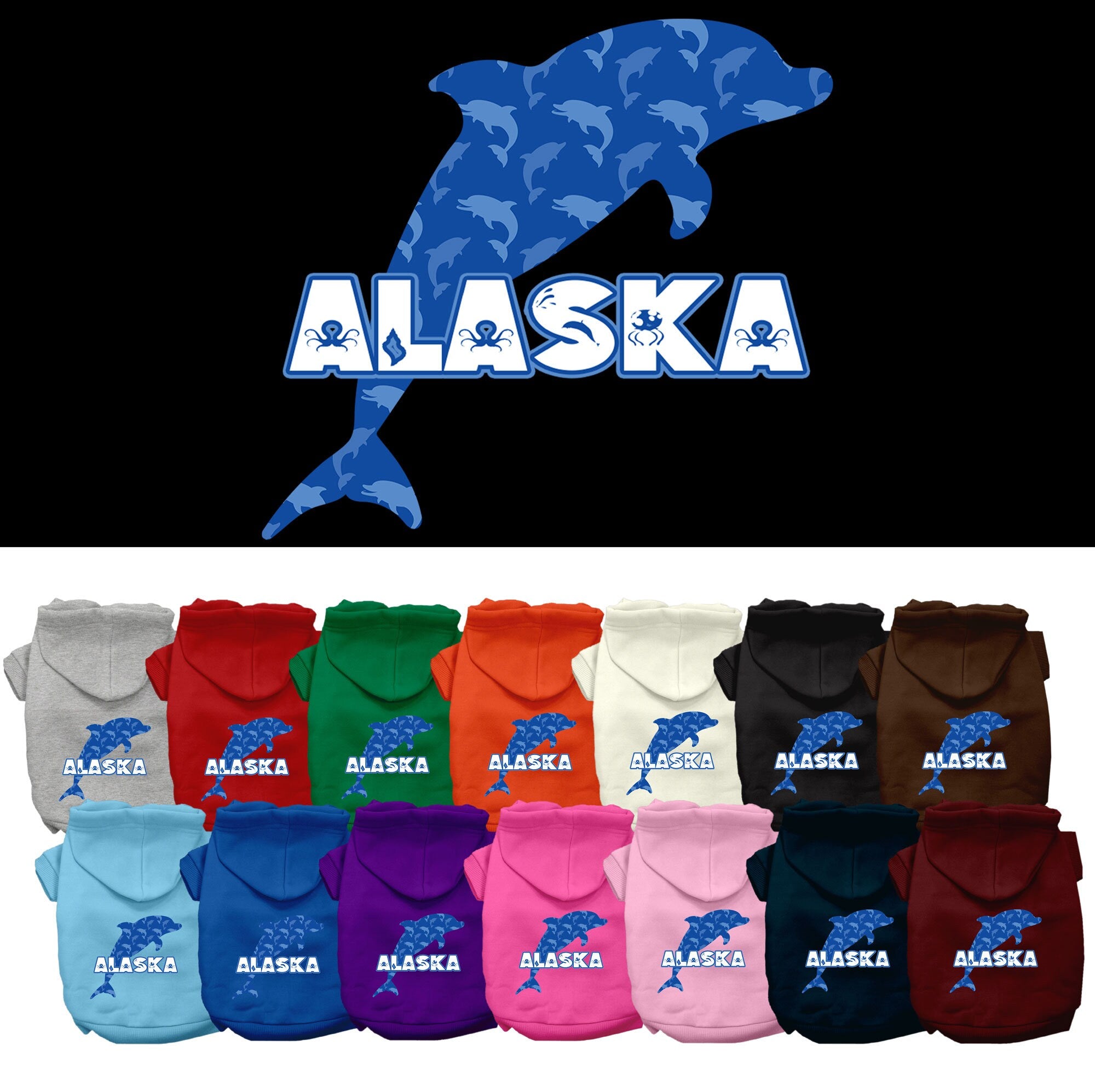 A cozy screen printed hoodie for medium to large pets featuring a vibrant 'Alaska Blue Dolphins' design, perfect for stylish outings.