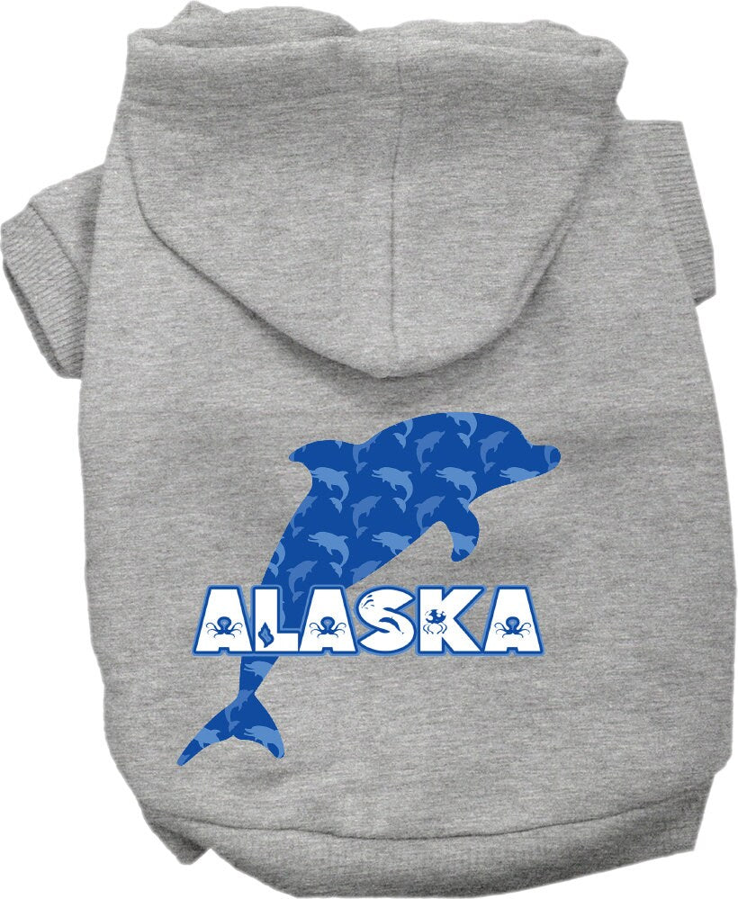 A cozy screen printed hoodie for medium to large pets featuring a vibrant 'Alaska Blue Dolphins' design, perfect for stylish outings.