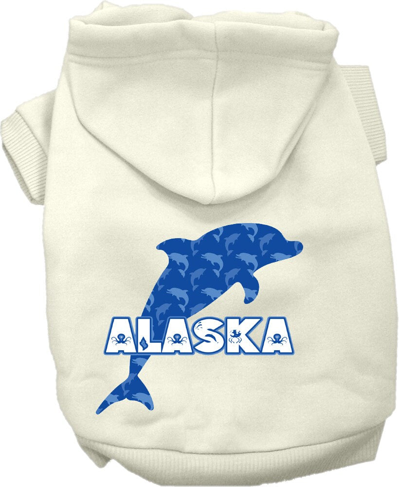 A cozy screen printed hoodie for medium to large pets featuring a vibrant 'Alaska Blue Dolphins' design, perfect for stylish outings.