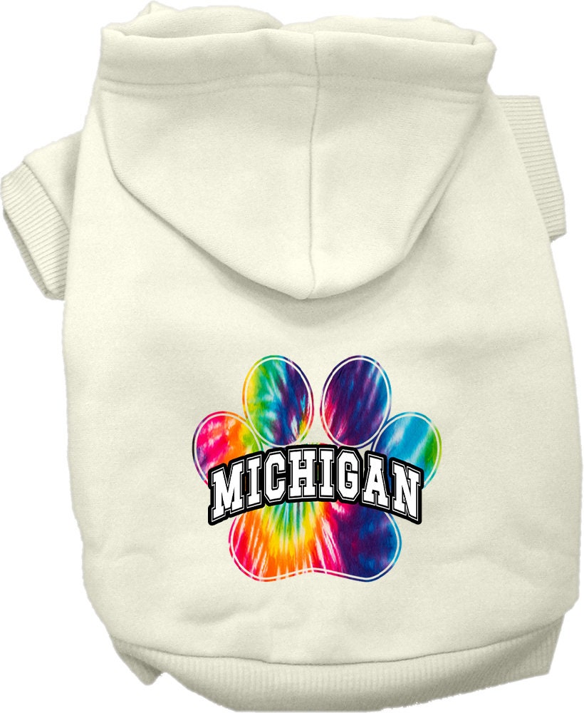 A vibrant Michigan Bright Tie Dye hoodie for medium to large pets, showcasing its soft fabric and convenient leash access hole.