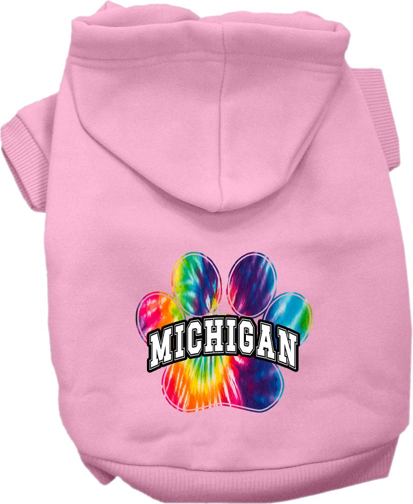 A vibrant Michigan Bright Tie Dye hoodie for medium to large pets, showcasing its soft fabric and convenient leash access hole.