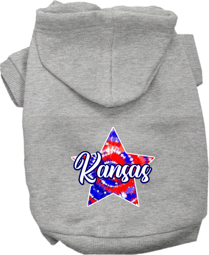 A medium to large pet wearing a Kansas Patriotic Tie Dye hoodie, showcasing vibrant colors and a stylish design.