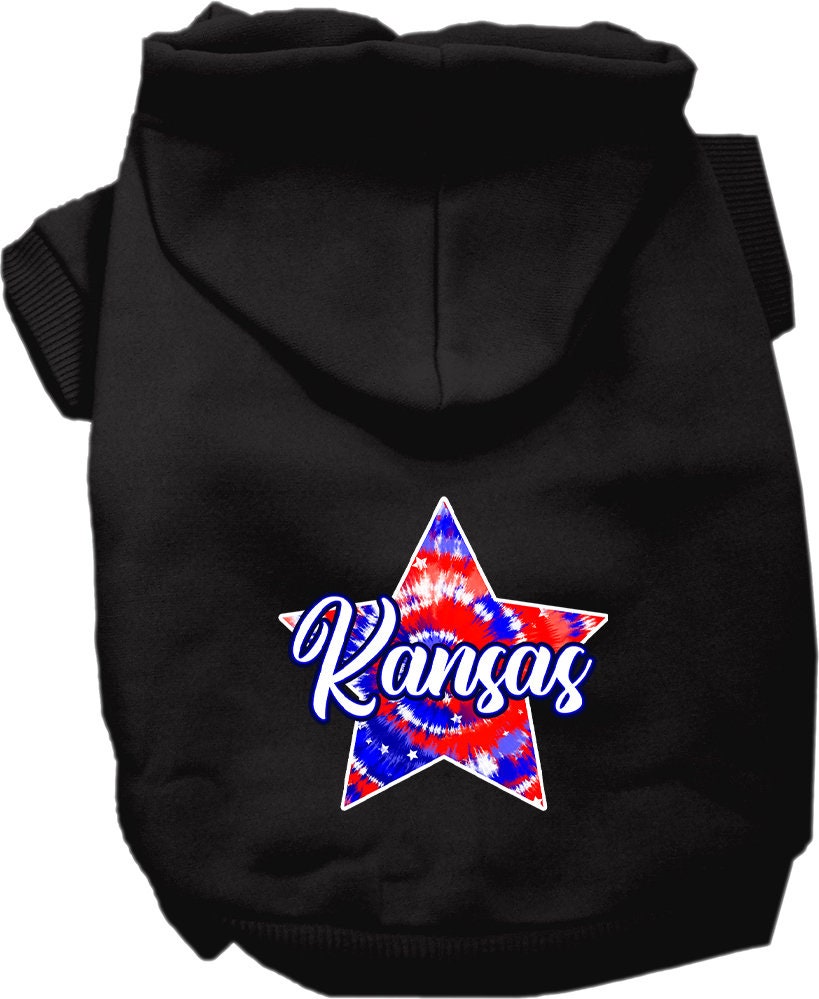 A medium to large pet wearing a Kansas Patriotic Tie Dye hoodie, showcasing vibrant colors and a stylish design.