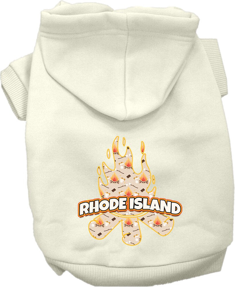 A cozy screen printed hoodie for medium to large pets, featuring a unique 'Rhode Island Around The Campfire' design, perfect for chilly days.
