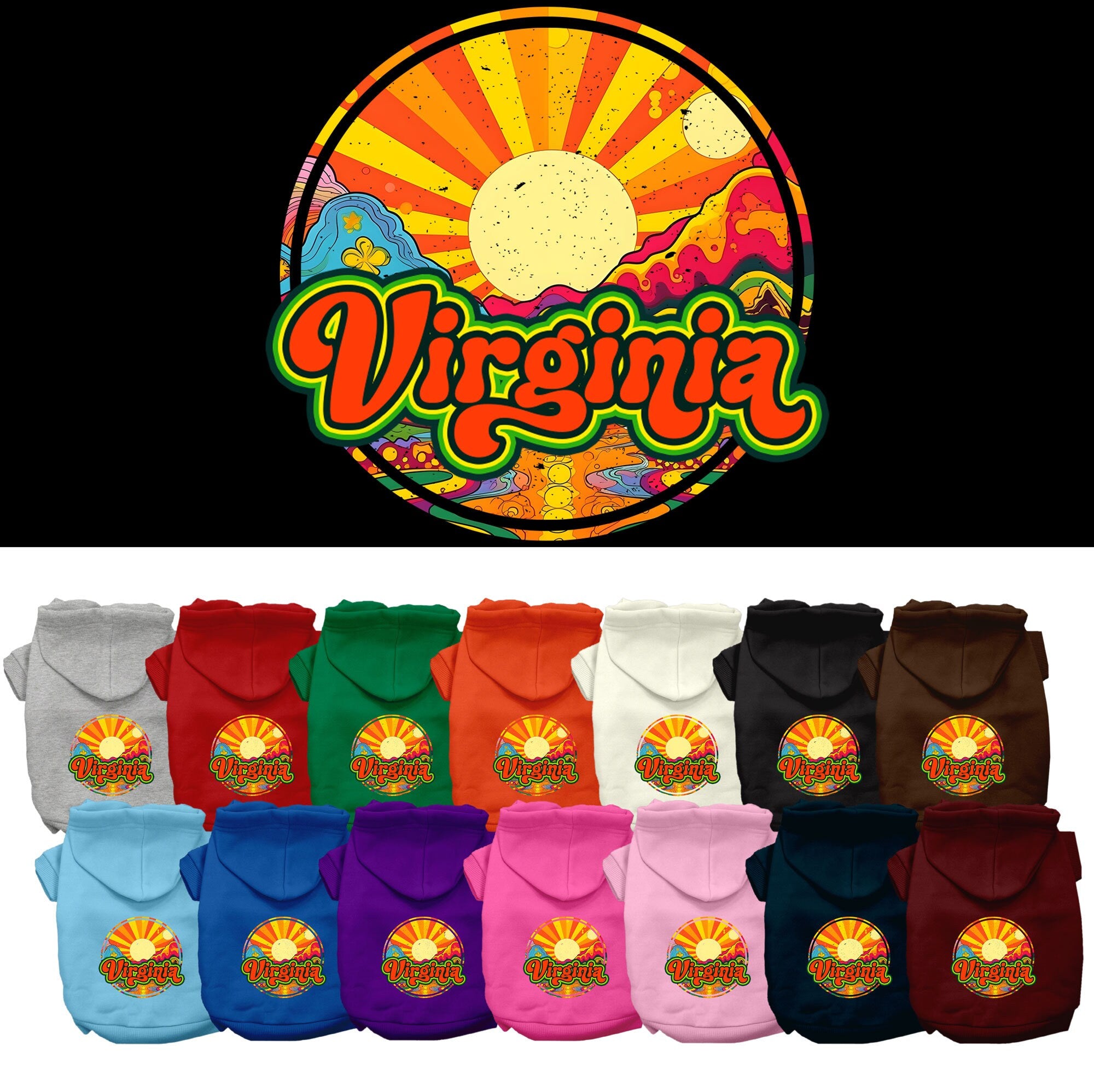 A cozy screen printed hoodie for medium to large pets, featuring the 'Virginia Mellow Mountain' design, made from a soft cotton-polyester blend.