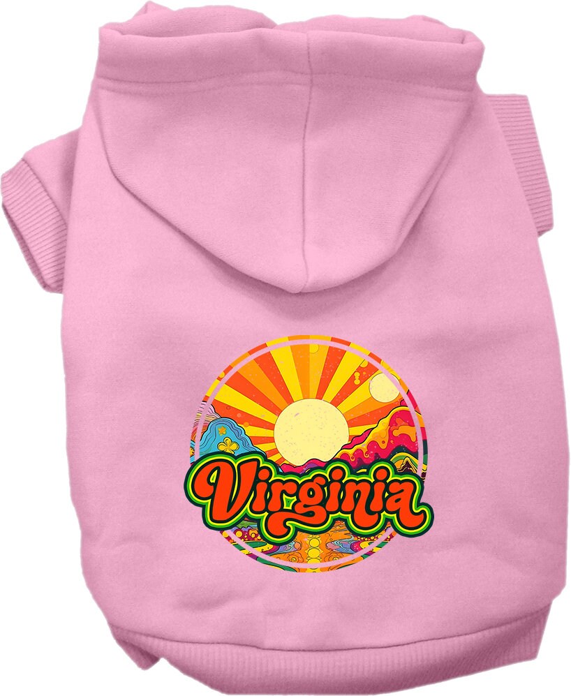 A cozy screen printed hoodie for medium to large pets, featuring the 'Virginia Mellow Mountain' design, made from a soft cotton-polyester blend.