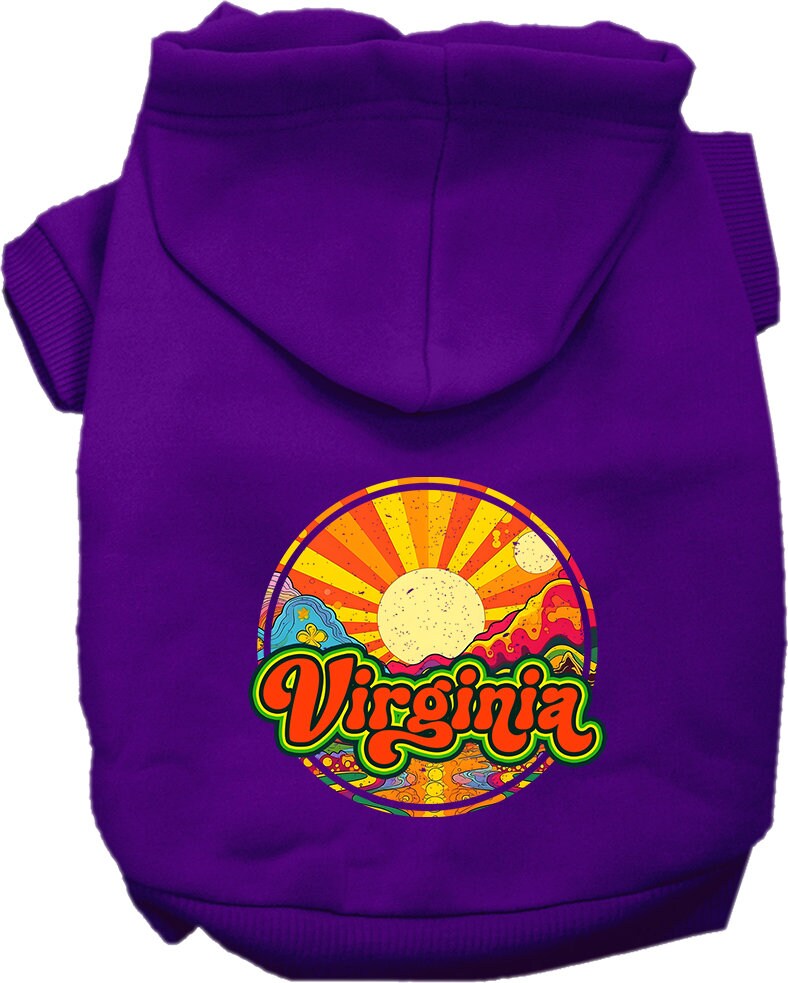 A cozy screen printed hoodie for medium to large pets, featuring the 'Virginia Mellow Mountain' design, made from a soft cotton-polyester blend.