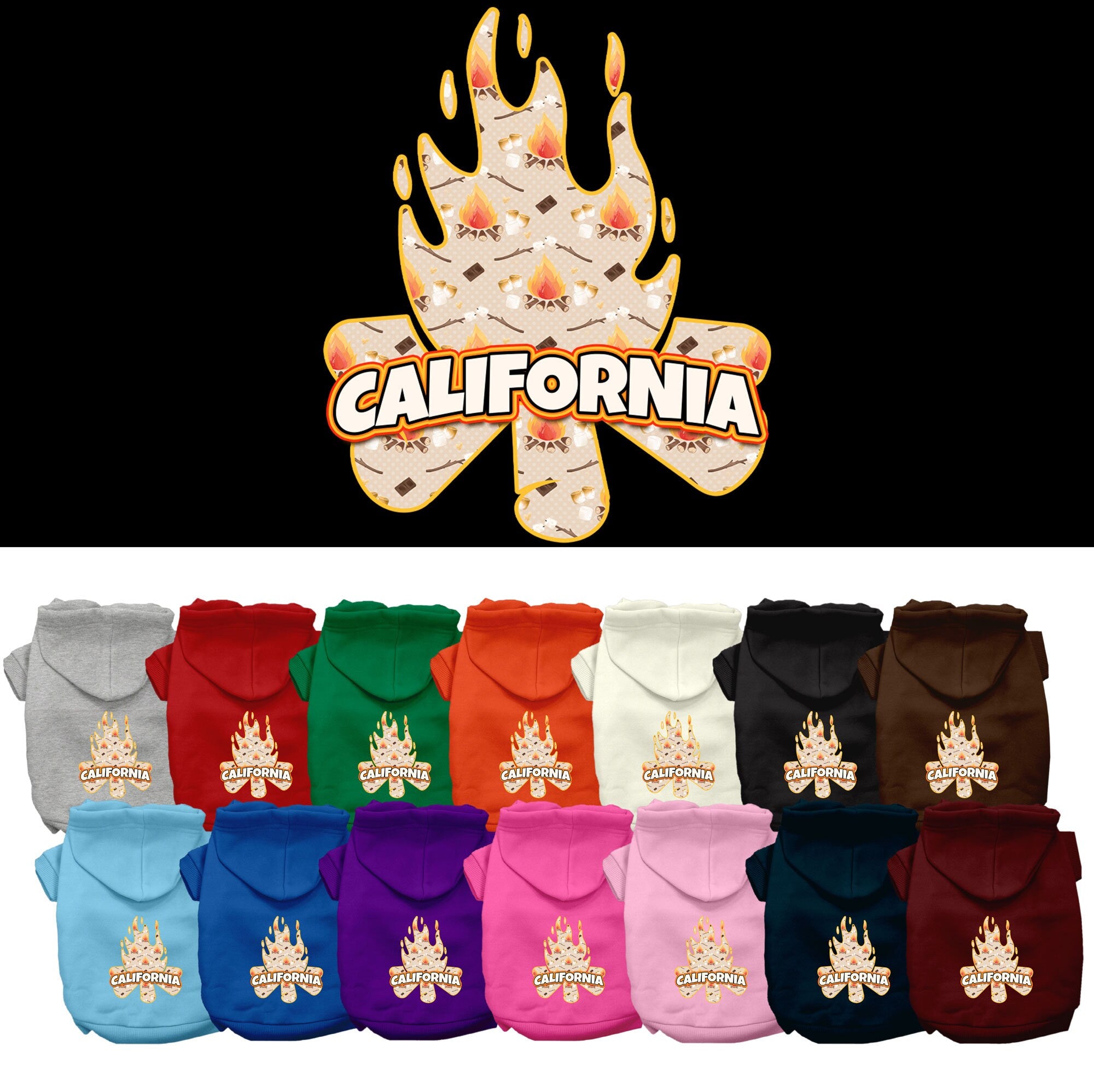 A cozy screen printed hoodie for medium to large pets, featuring a 'California Around The Campfire' design, perfect for dogs and cats.