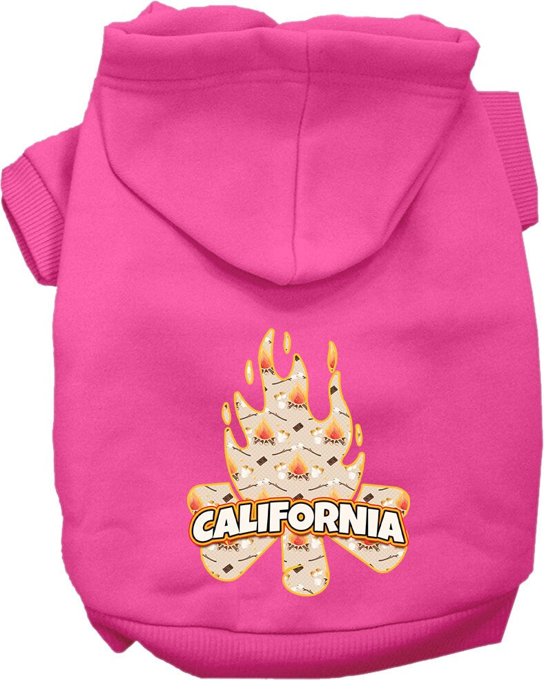 A cozy screen printed hoodie for medium to large pets, featuring a 'California Around The Campfire' design, perfect for dogs and cats.