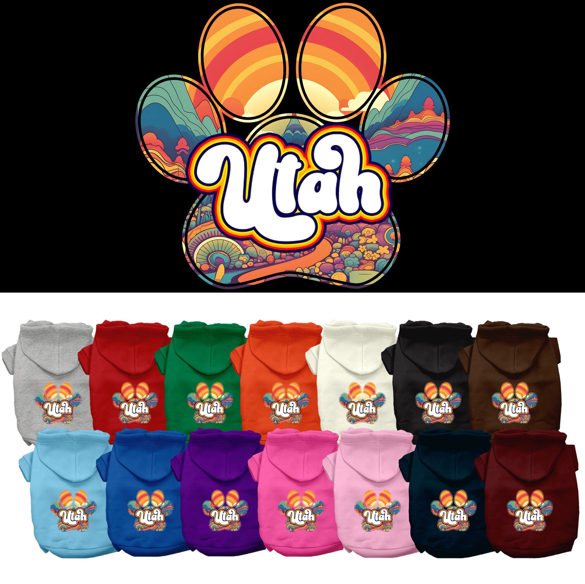 A medium to large pet wearing a soft, warm hoodie with a unique 'Utah Groovy Summit' print, showcasing its stylish design and convenient leash access.