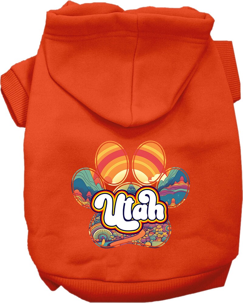 A medium to large pet wearing a soft, warm hoodie with a unique 'Utah Groovy Summit' print, showcasing its stylish design and convenient leash access.