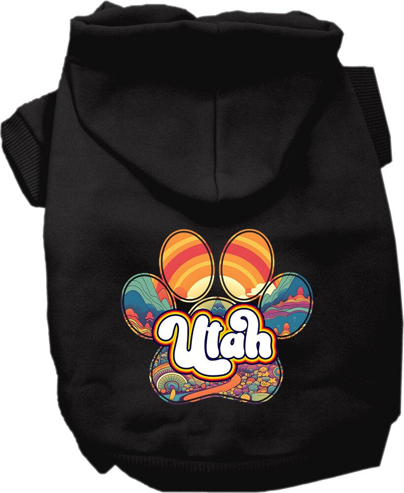 A medium to large pet wearing a soft, warm hoodie with a unique 'Utah Groovy Summit' print, showcasing its stylish design and convenient leash access.