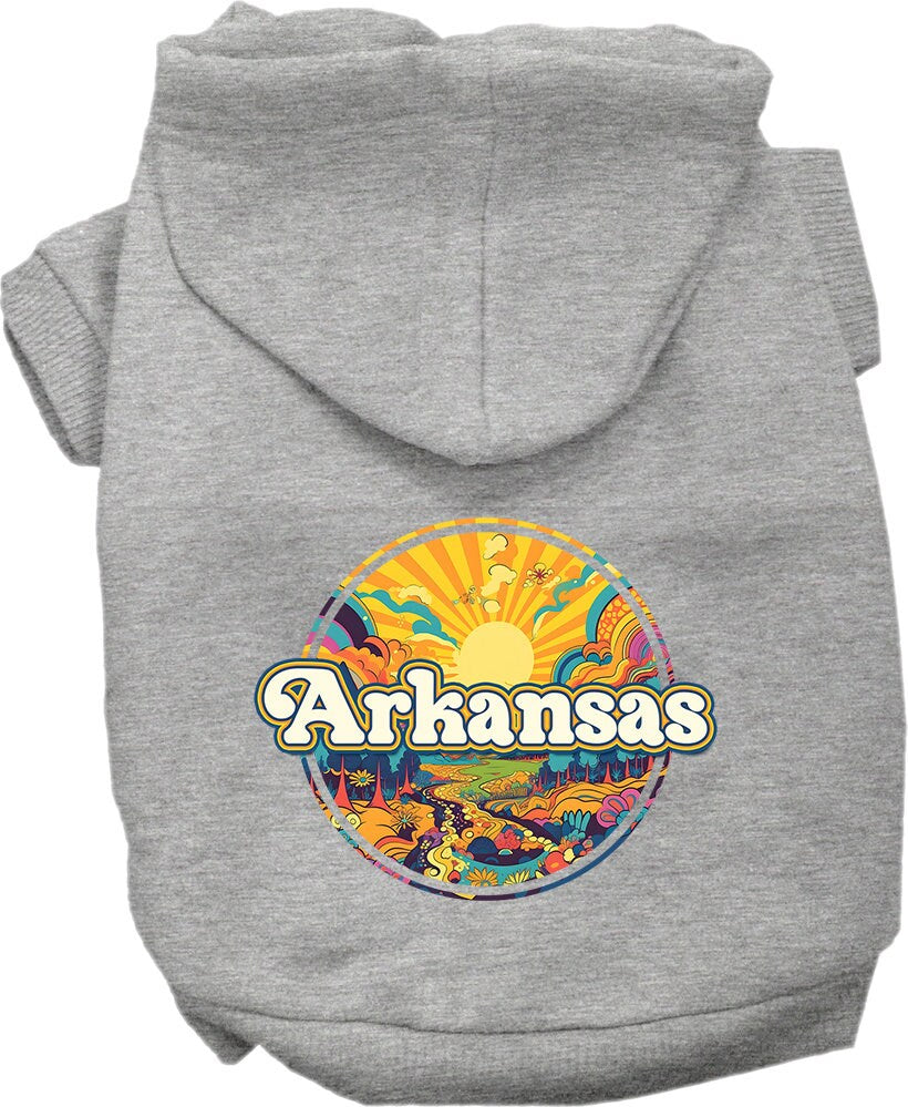 A cozy screen printed hoodie for medium to large pets, featuring a colorful Arkansas Trippy Peaks design, perfect for dogs and cats.
