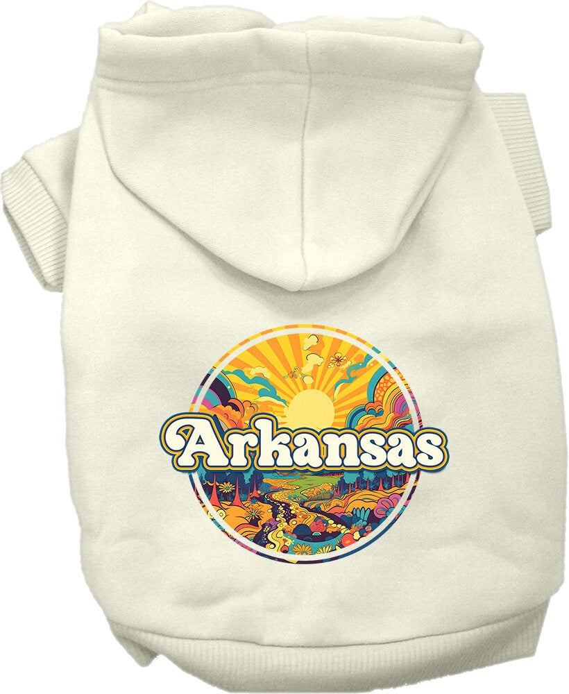 A cozy screen printed hoodie for medium to large pets, featuring a colorful Arkansas Trippy Peaks design, perfect for dogs and cats.