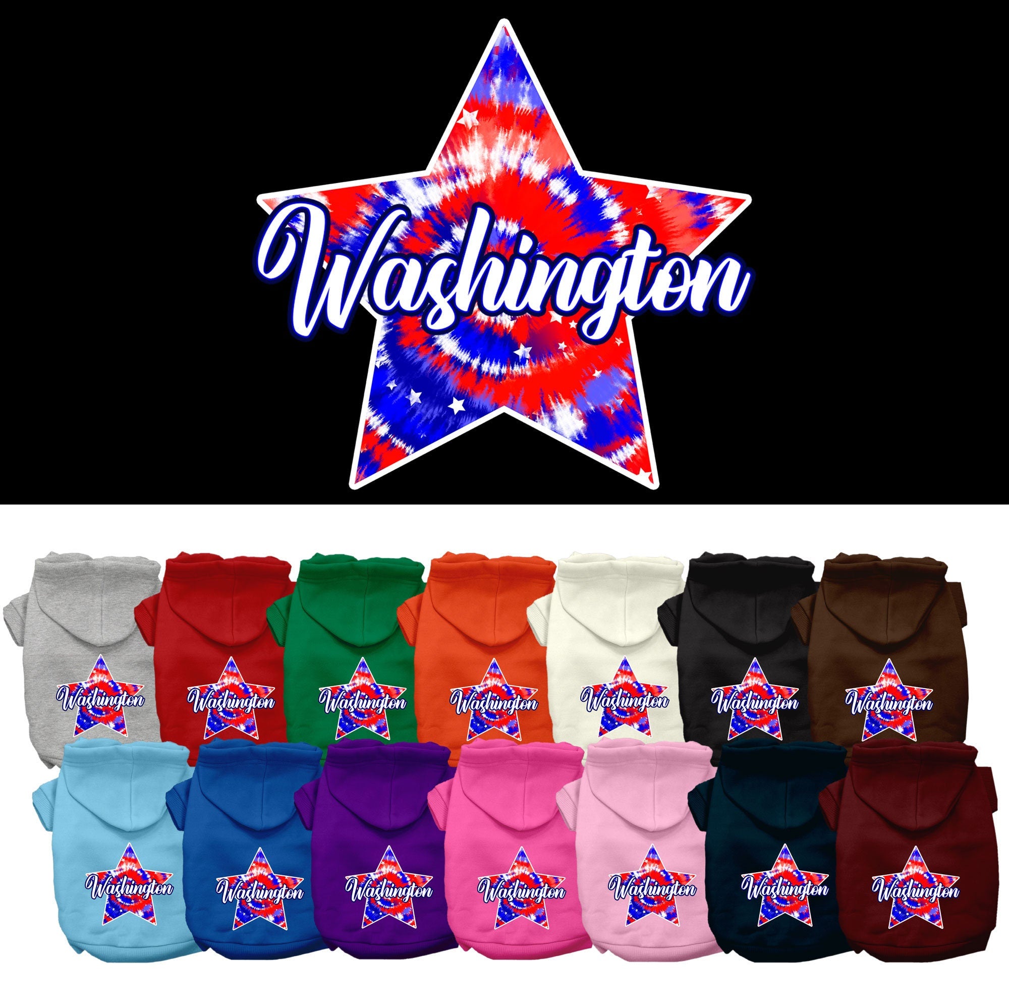 A medium to large pet wearing a Washington Patriotic Tie Dye hoodie, showcasing vibrant colors and a stylish design.