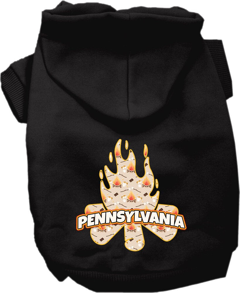 A cozy screen printed hoodie for medium to large pets, featuring a unique 'Pennsylvania Around The Campfire' design, perfect for chilly weather.