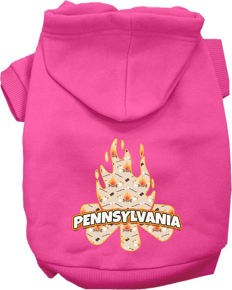 A cozy screen printed hoodie for medium to large pets, featuring a unique 'Pennsylvania Around The Campfire' design, perfect for chilly weather.
