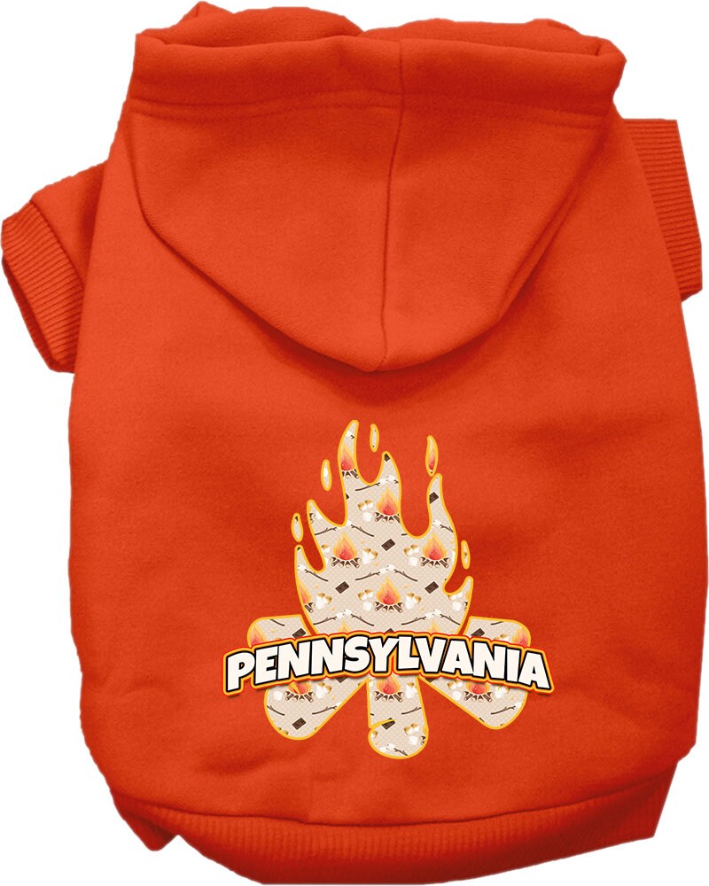 A cozy screen printed hoodie for medium to large pets, featuring a unique 'Pennsylvania Around The Campfire' design, perfect for chilly weather.