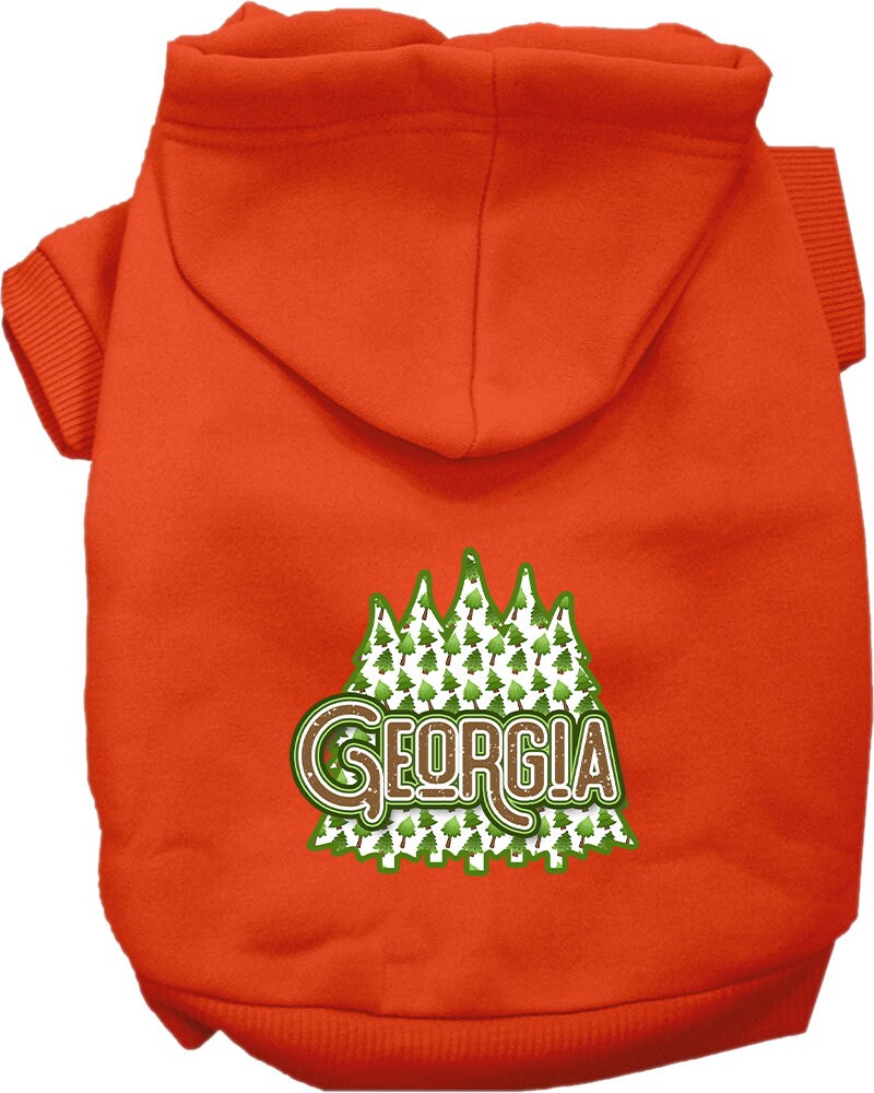A medium to large pet wearing a soft and warm screen printed hoodie featuring 'Georgia Woodland Trees', showcasing its stylish design and convenient leash access.
