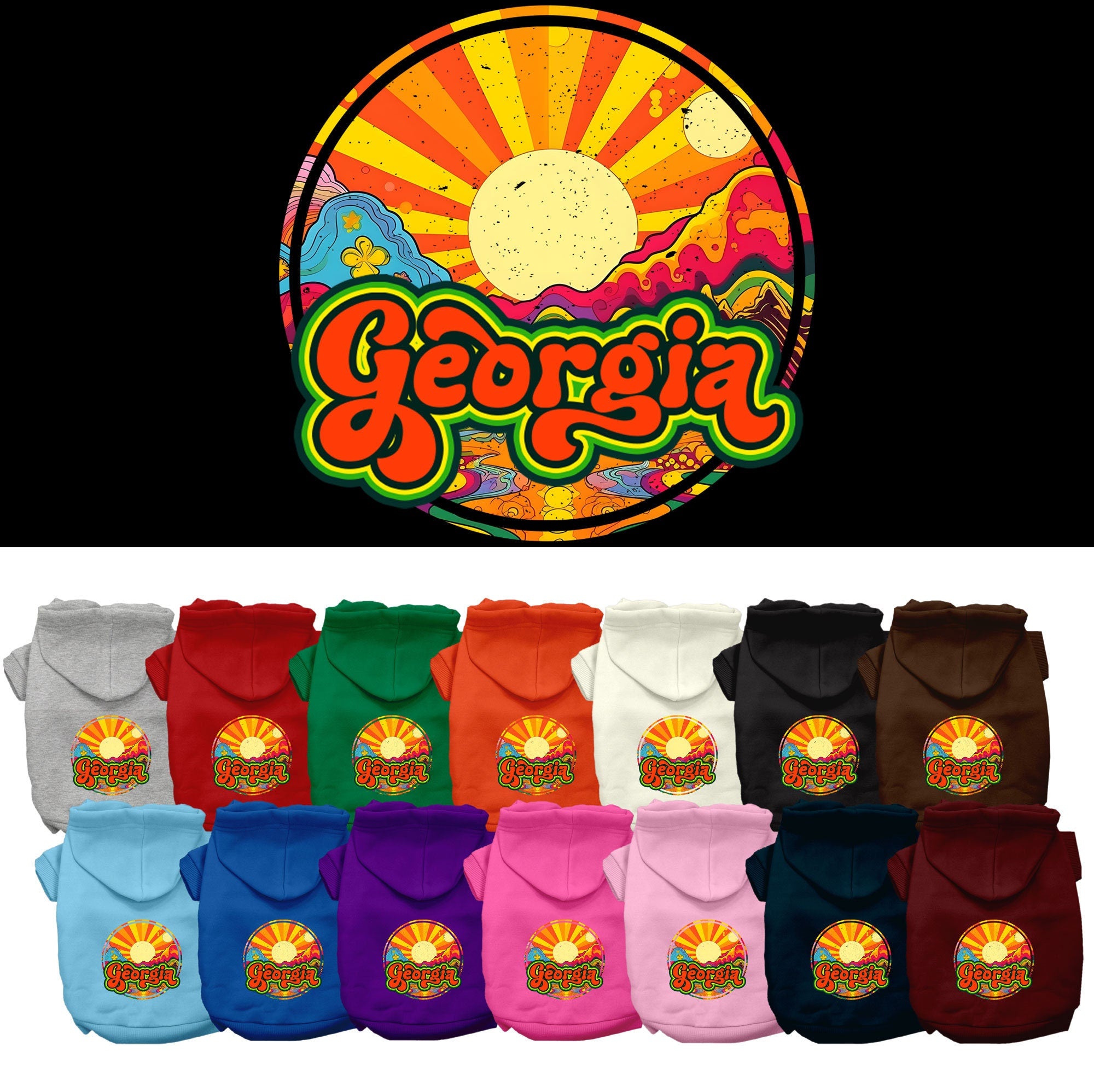 A cozy screen printed hoodie for medium to large dogs and cats, featuring the 'Georgia Mellow Mountain' design, showcasing its soft fabric and durable stitching.