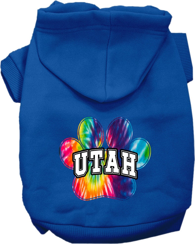 A vibrant Utah Bright Tie Dye hoodie designed for medium to large dogs and cats, showcasing its soft fabric and convenient leash access hole.