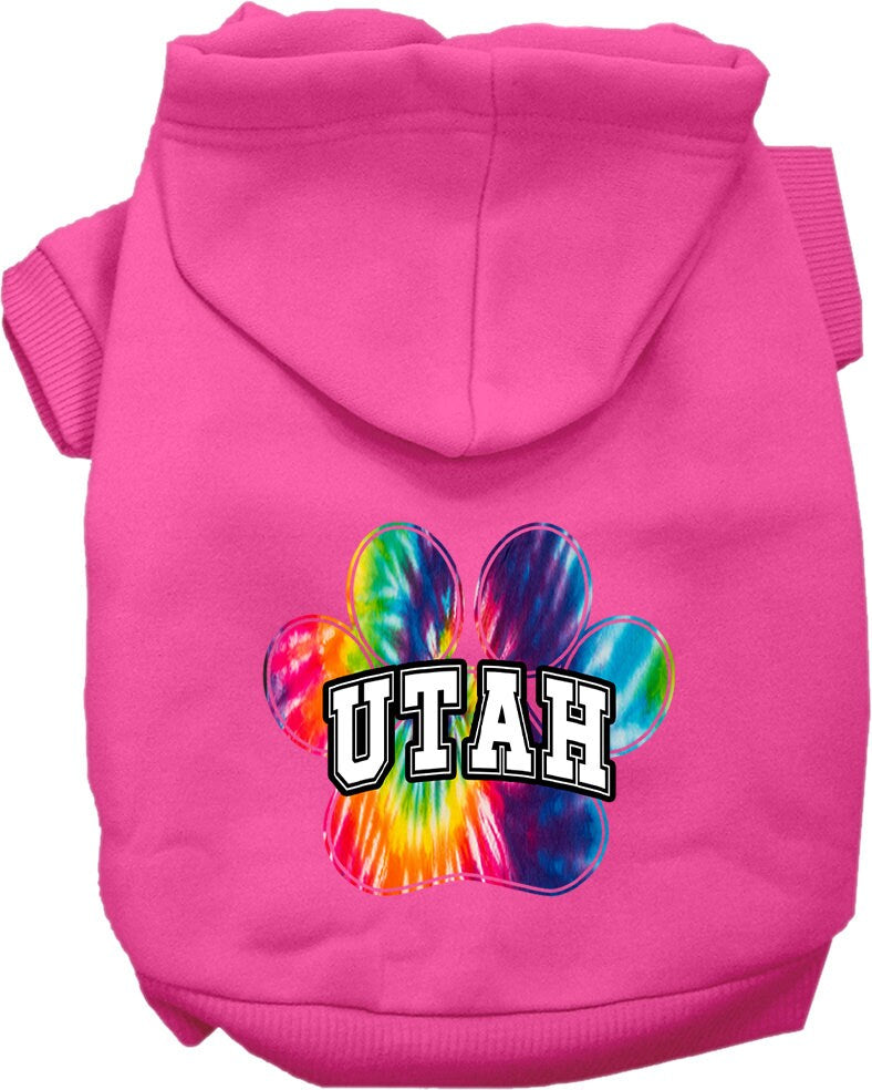 A vibrant Utah Bright Tie Dye hoodie designed for medium to large dogs and cats, showcasing its soft fabric and convenient leash access hole.