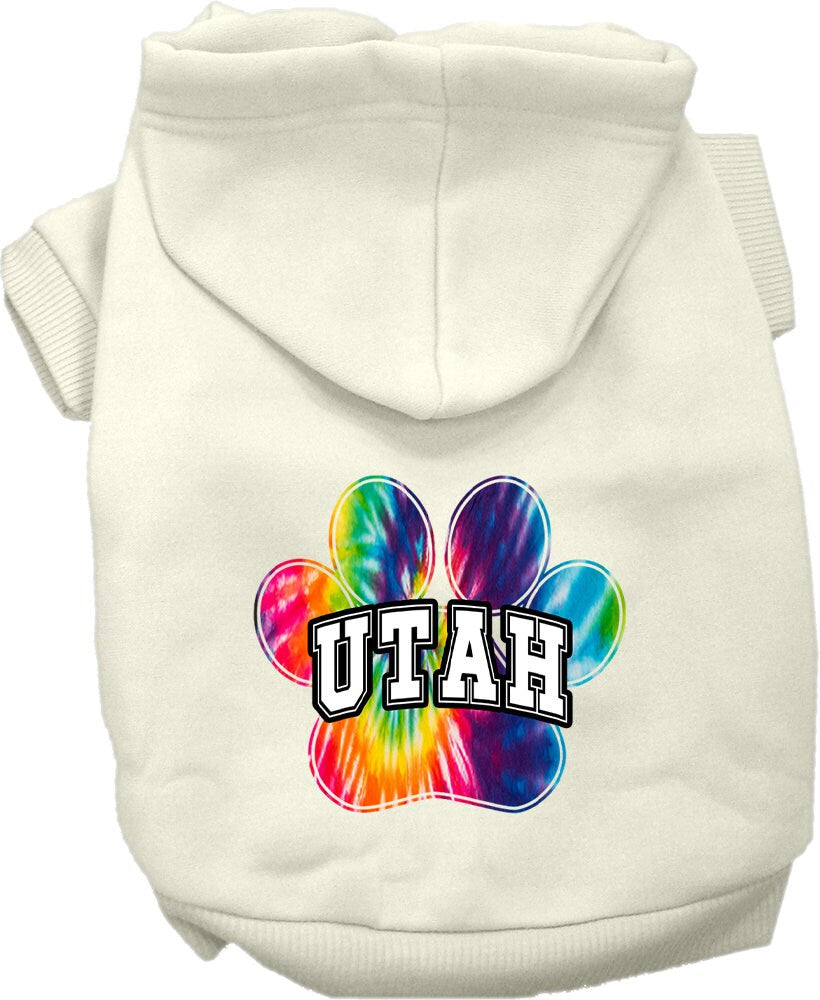 A vibrant Utah Bright Tie Dye hoodie designed for medium to large dogs and cats, showcasing its soft fabric and convenient leash access hole.