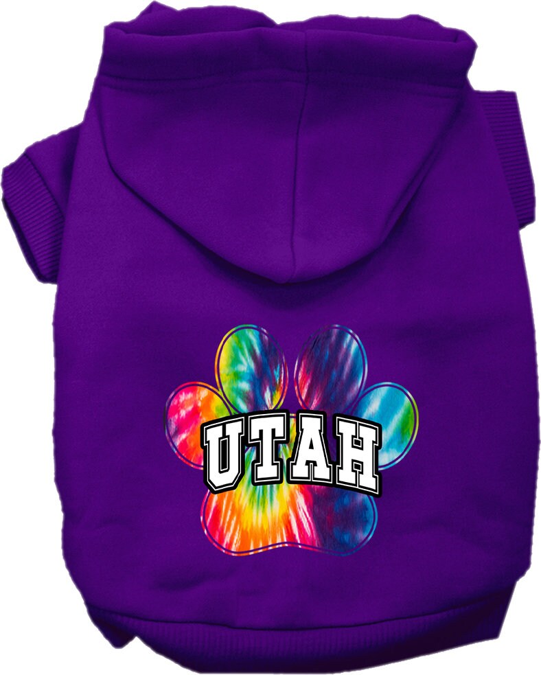 A vibrant Utah Bright Tie Dye hoodie designed for medium to large dogs and cats, showcasing its soft fabric and convenient leash access hole.