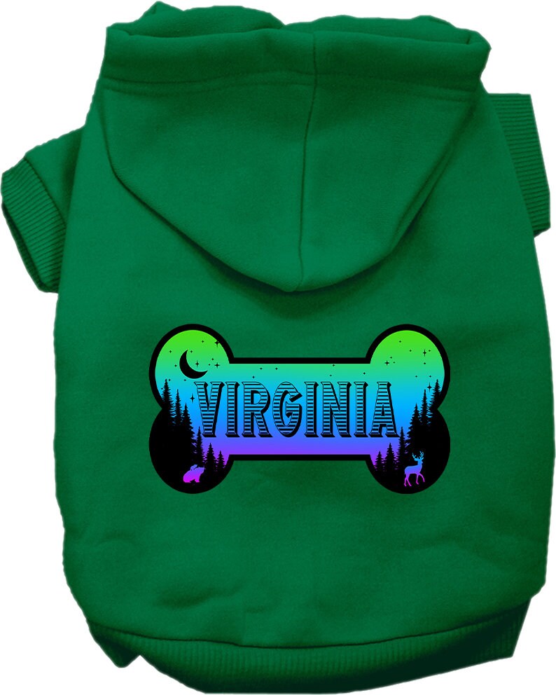 A cozy screen printed hoodie for medium to large pets, featuring a unique 'Virginia Mountain Shades' design, perfect for chilly weather.