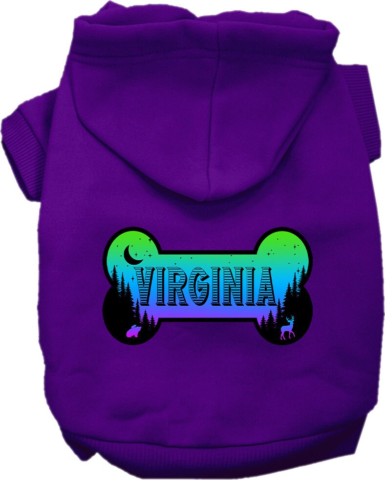 A cozy screen printed hoodie for medium to large pets, featuring a unique 'Virginia Mountain Shades' design, perfect for chilly weather.
