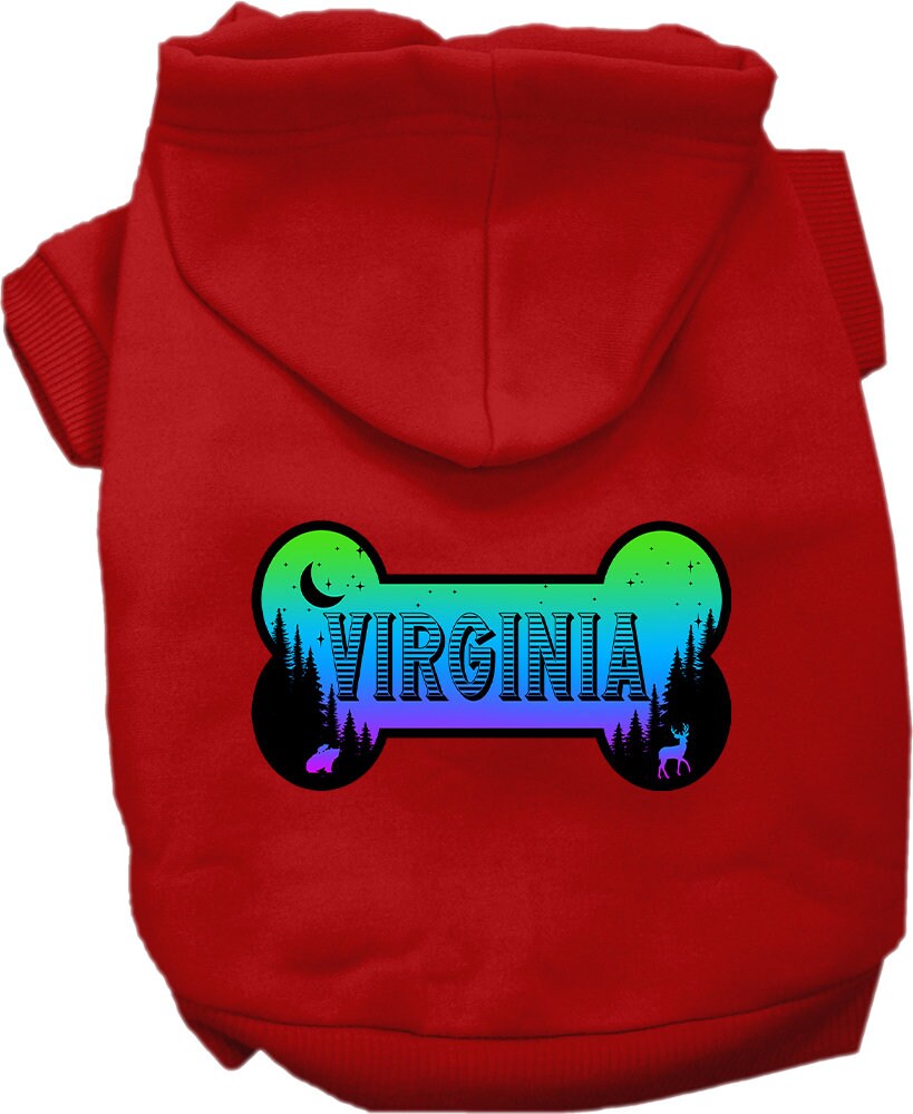 A cozy screen printed hoodie for medium to large pets, featuring a unique 'Virginia Mountain Shades' design, perfect for chilly weather.