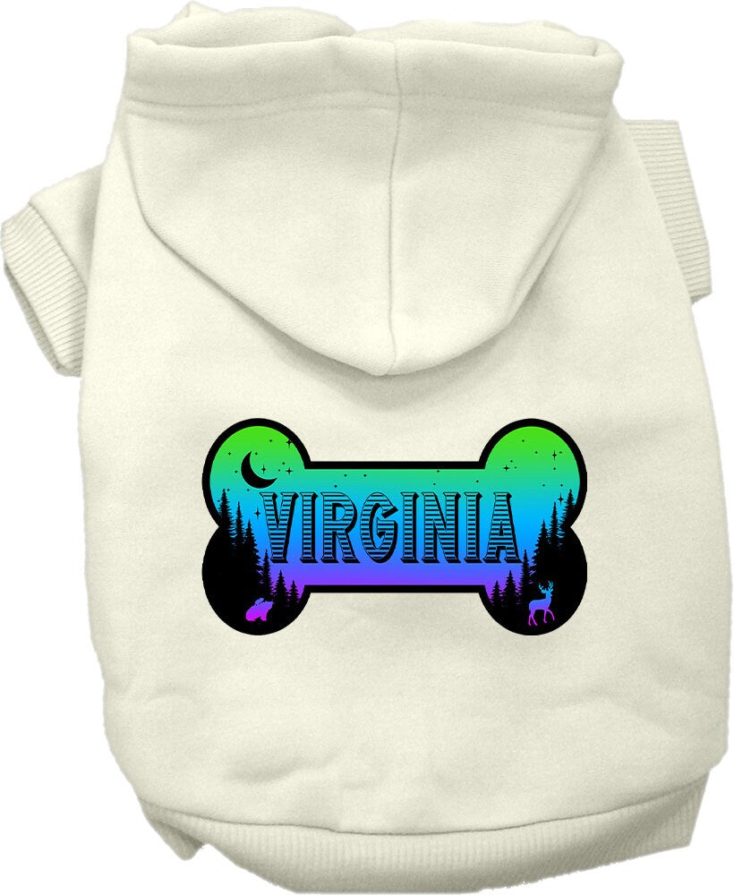 A cozy screen printed hoodie for medium to large pets, featuring a unique 'Virginia Mountain Shades' design, perfect for chilly weather.